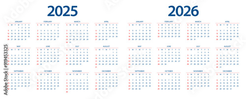 Calendar 2025, calendar 2026 week start Sunday corporate design planner template.