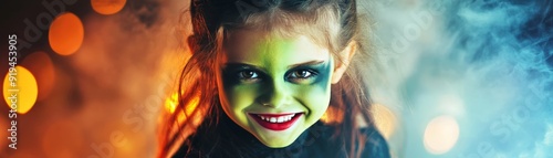 A young girl with spooky green face paint and bright red lipstick smiling in a foggy, halloween-themed atmosphere.