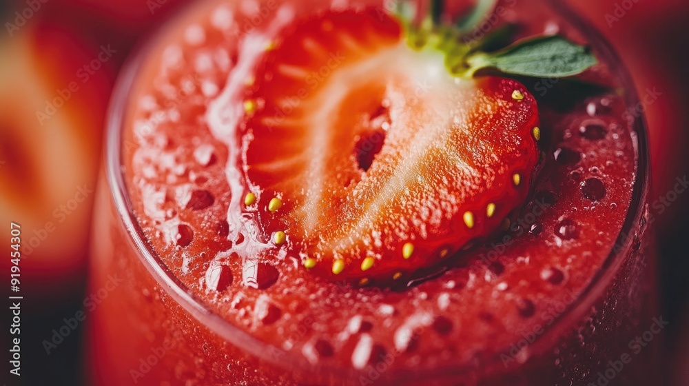 Close-up of a vibrant red fruit smoothie with a slice of strawberry Close-up of a vibrant red fruit smoothie with a slice of strawberry