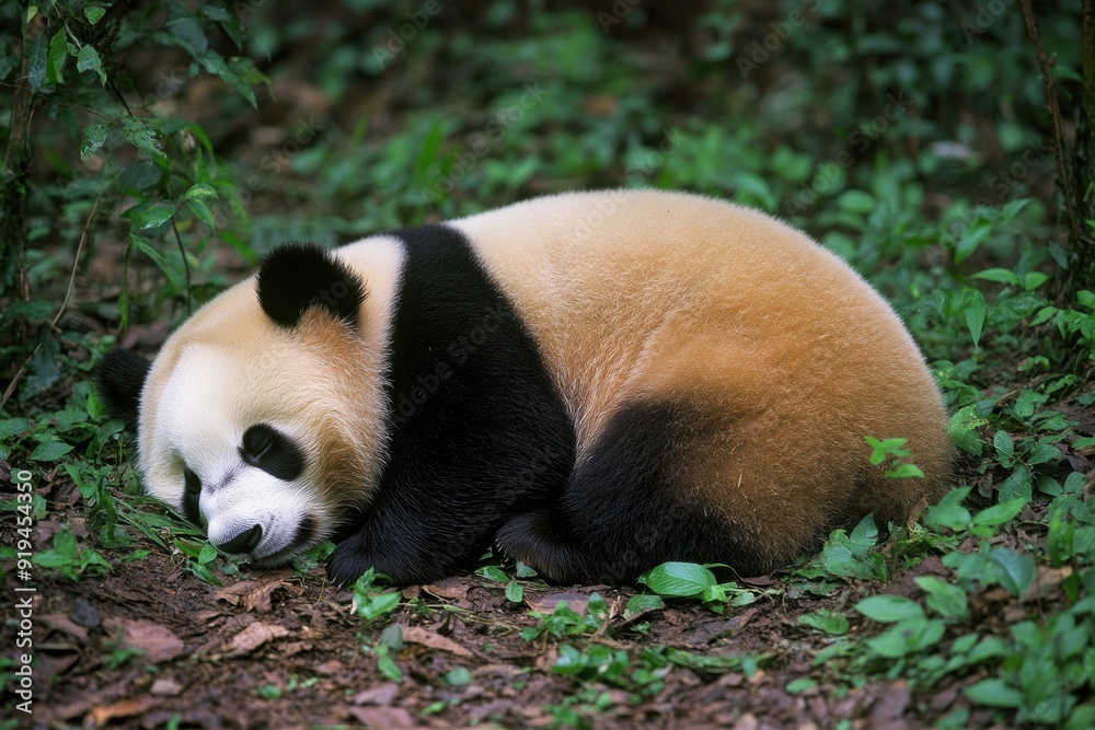 Serene sleeping giant panda in lush green Serene sleeping giant panda in lush green