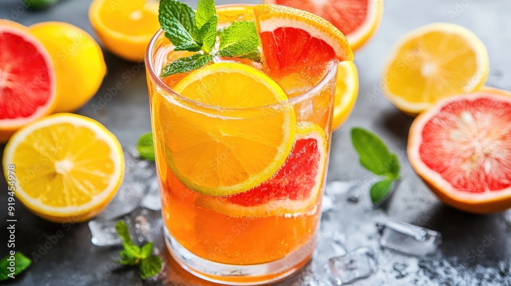 Fruit punch in a clear glass with slices of citrus fruits Fruit punch in a clear glass with slices of citrus fruits