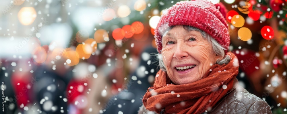 close up Portrait of happy senior woman on Christmas market. night, city street, shopping, winter holidays people concept close up Portrait of happy senior woman on Christmas market. night, city street, shopping, winter holidays people concept
