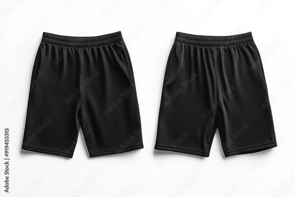 Two pairs of black sports shorts on white background Two pairs of black sports shorts on white background