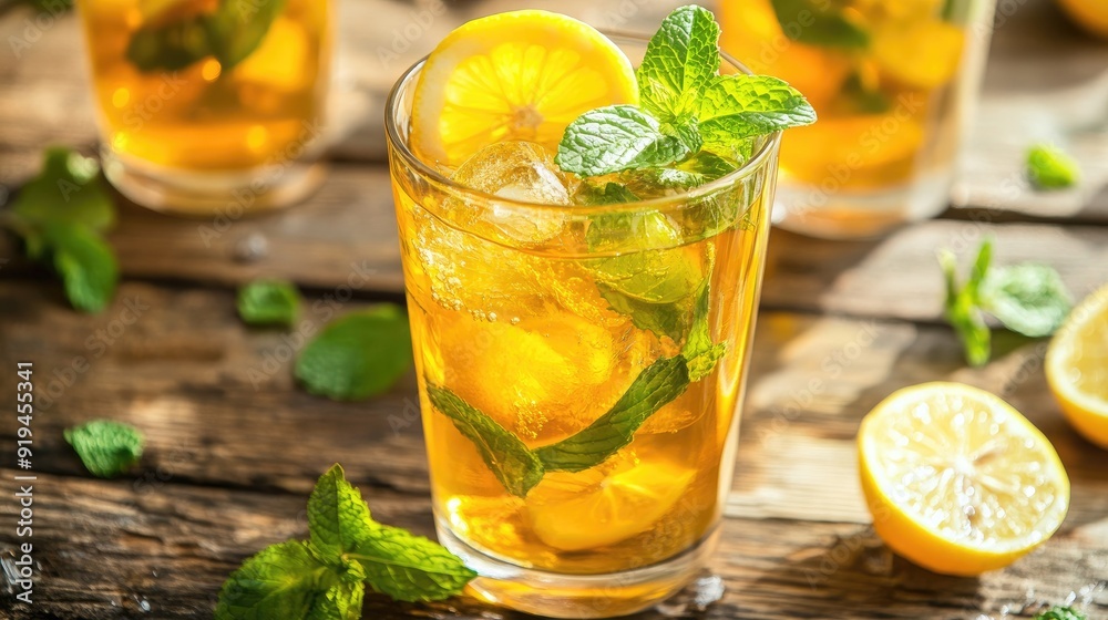 Fototapeta premium Iced green tea with floating lemon slices and mint leaves