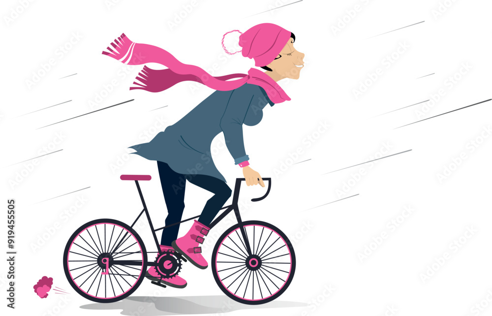 Rainy and windy day and woman rides a bicycle. 
Cycling young woman under the strong wind and rain. Isolated on white background
