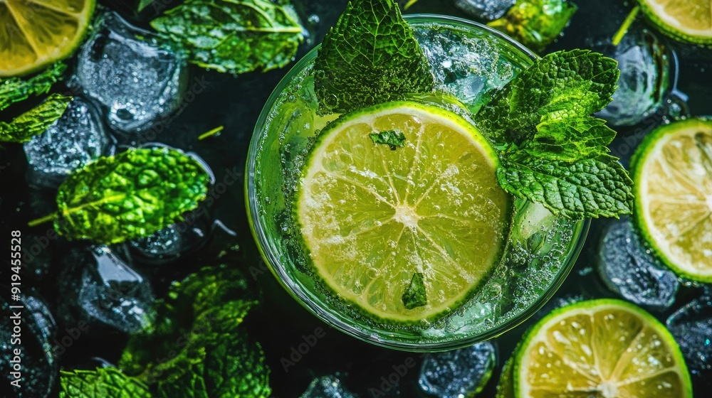 Mint mojito with lime slices and mint leaves, close-up on a glass surface Mint mojito with lime slices and mint leaves, close-up on a glass surface