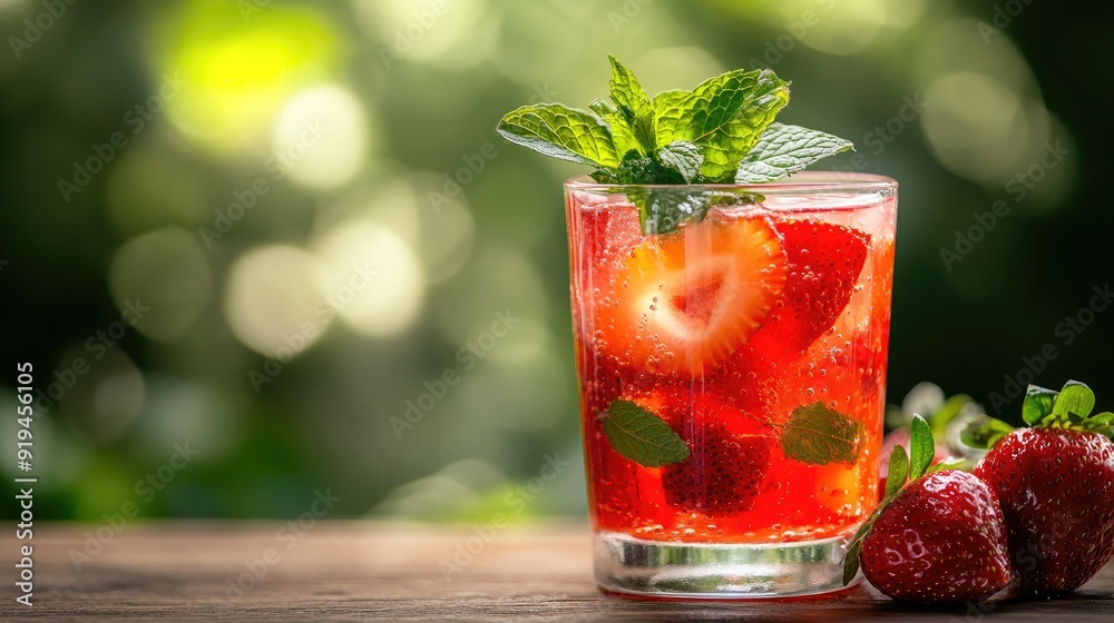 Refreshing strawberry lemonade with mint, close-up with a blurred background