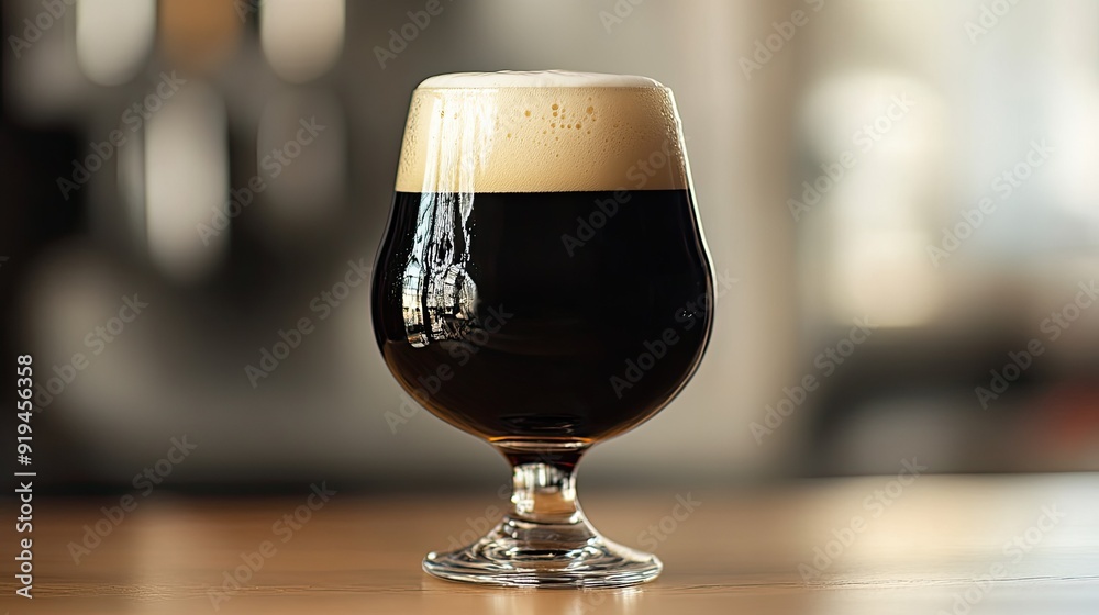 Rich, dark stout beer in a glass with a frothy head Rich, dark stout beer in a glass with a frothy head