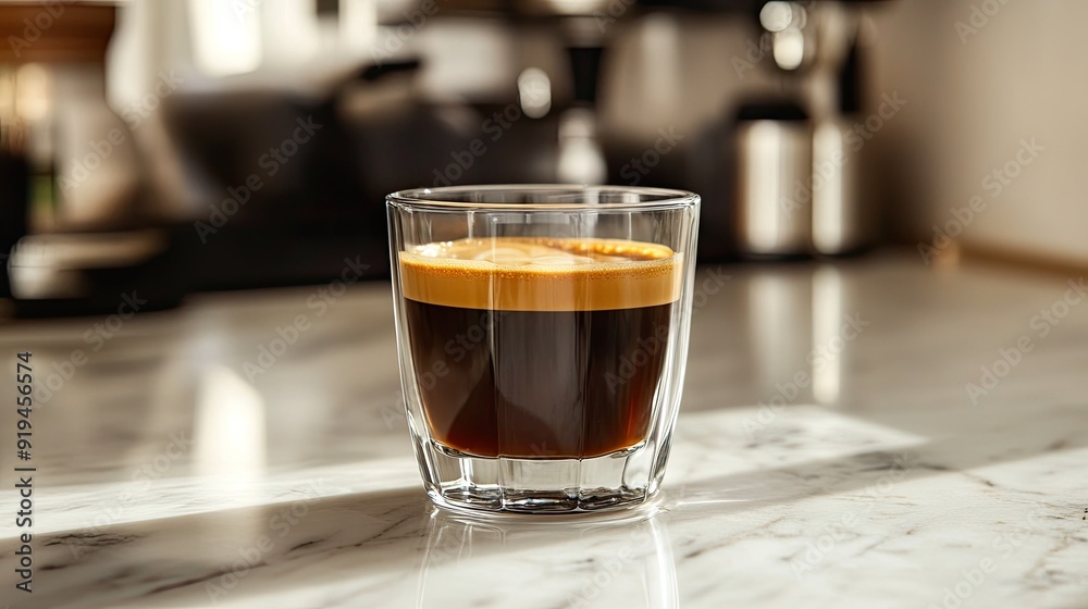 Rich espresso shot in a clear glass cup, close-up on a marble countertop