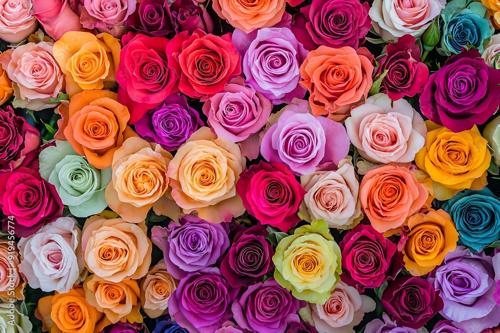 A vibrant bouquet of colorful roses in shades of pink, red, orange, yellow, purple, and green. A vibrant bouquet of colorful roses in shades of pink, red, orange, yellow, purple, and green.