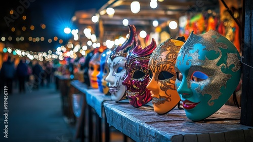 Colorful venetian masks on display at a vibrant night market with twinkling lights in the background, creating a festive atmosphere. photo