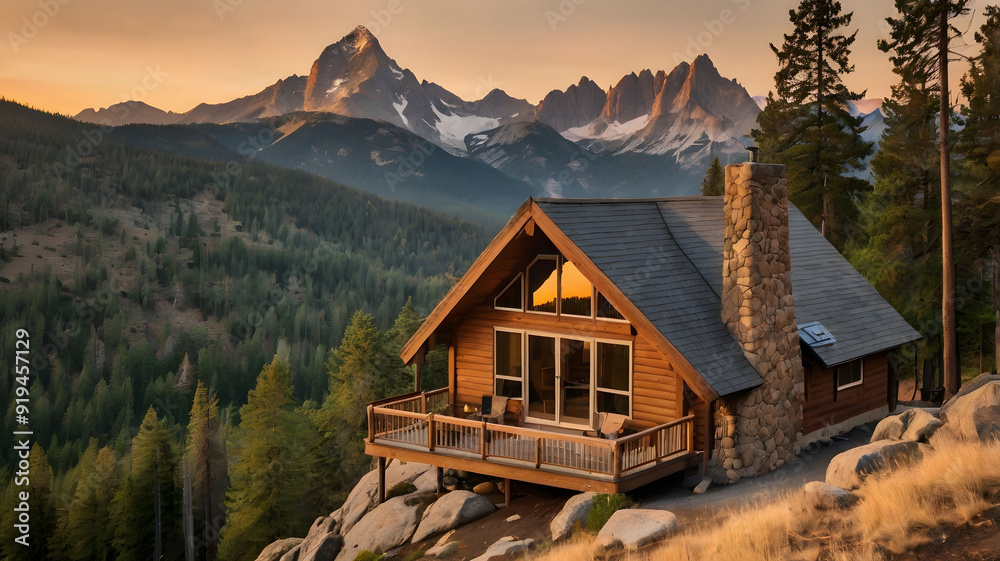 Fototapeta premium A charming A frame mountain cabin perched on a rocky