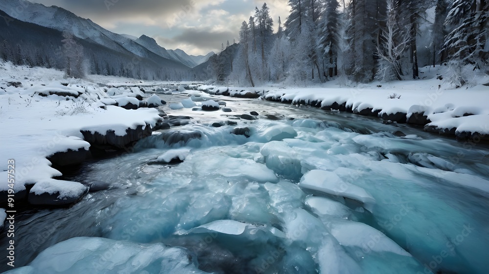 river in the mountains in winter and cloudy season river in the mountains in winter and cloudy season