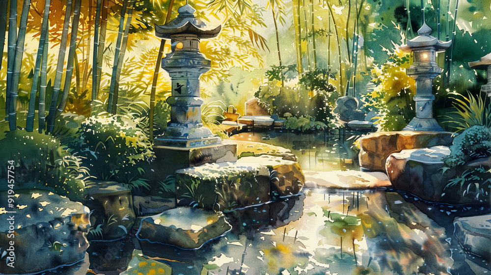Vibrant watercolor of a Zen garden, stone lanterns, flowing water, bamboo trees, gentle sunlight