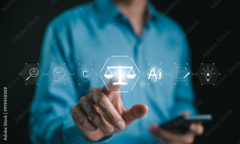 AI Laws and Regulations Concept. Man touches digital icons represent justice, AI, copyright, and regulations, symbolizing intersection of law and artificial intelligence. policy, copyright, patent, AI Laws and Regulations Concept. Man touches digital icons represent justice, AI, copyright, and regulations, symbolizing intersection of law and artificial intelligence. policy, copyright, patent,