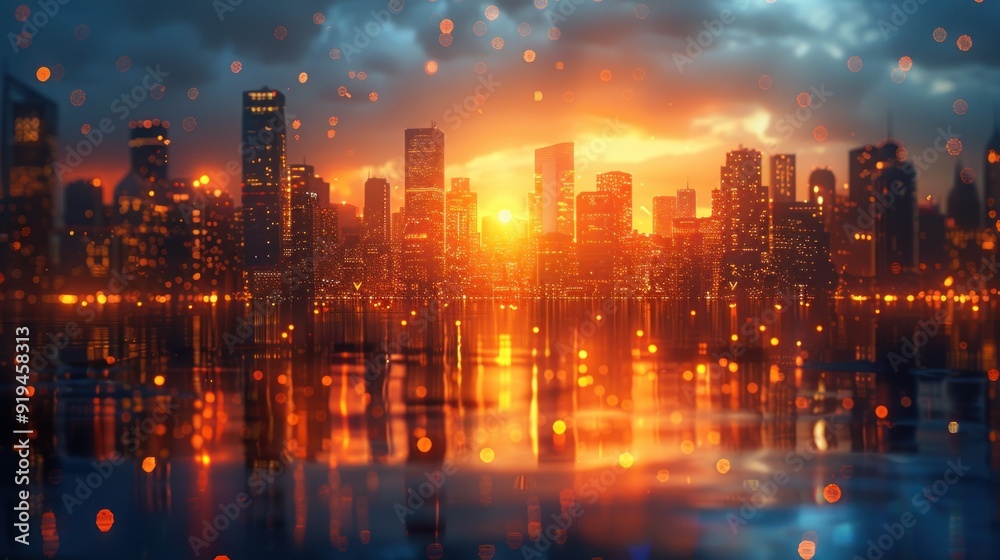 Fototapeta premium Cityscape with Reflection and Sunset