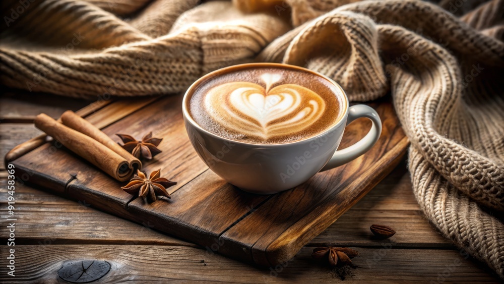 Frothy, creamy latte art featuring a delicate heart design, sprinkled with cinnamon, on a rustic wooden table surrounded by cozy morning ambiance. Frothy, creamy latte art featuring a delicate heart design, sprinkled with cinnamon, on a rustic wooden table surrounded by cozy morning ambiance.