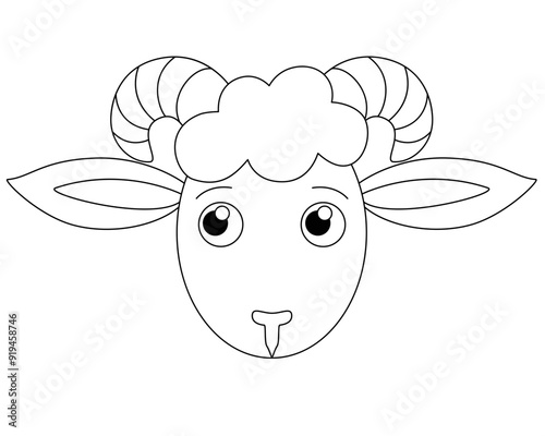 The head of a cute cartoon ram is a vector linear picture for coloring. Outline. Muzzle of sheep, ram cute animal for children's coloring	