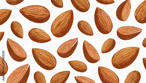 Flying Almonds Collection isolated on white background. Almond nut Pattern cloceup. photo