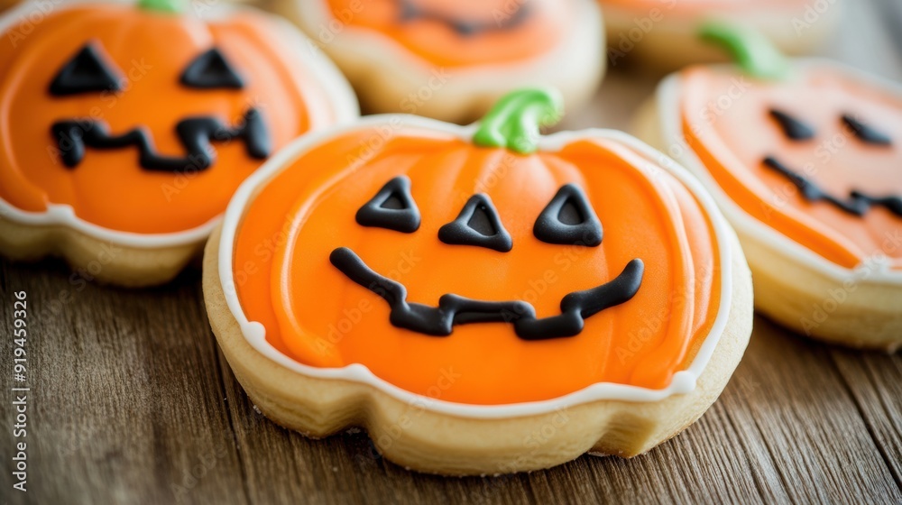 Homemade Halloween pumpkin sugar cookies decorated with icing Homemade Halloween pumpkin sugar cookies decorated with icing