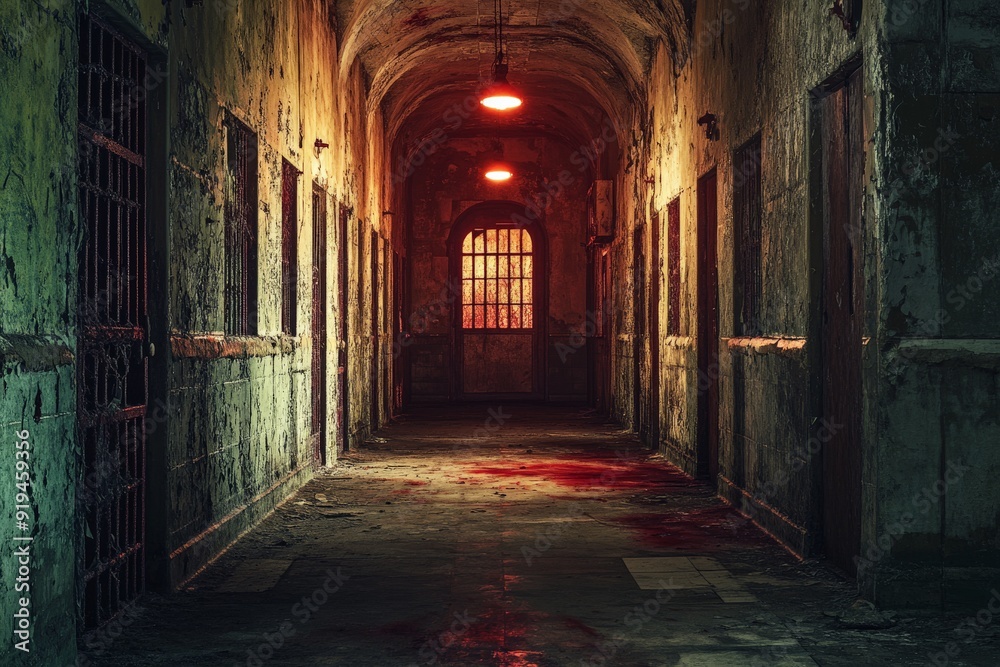 Eerie dimly lit corridor with bloodstains, evoking a sense of dread and horror, perfect for thriller or horror-themed projects.