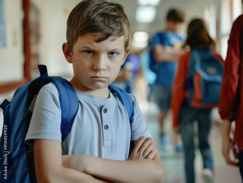 Fototapeta premium Concerned boy with crossed arms in a school hallway during lunchtime