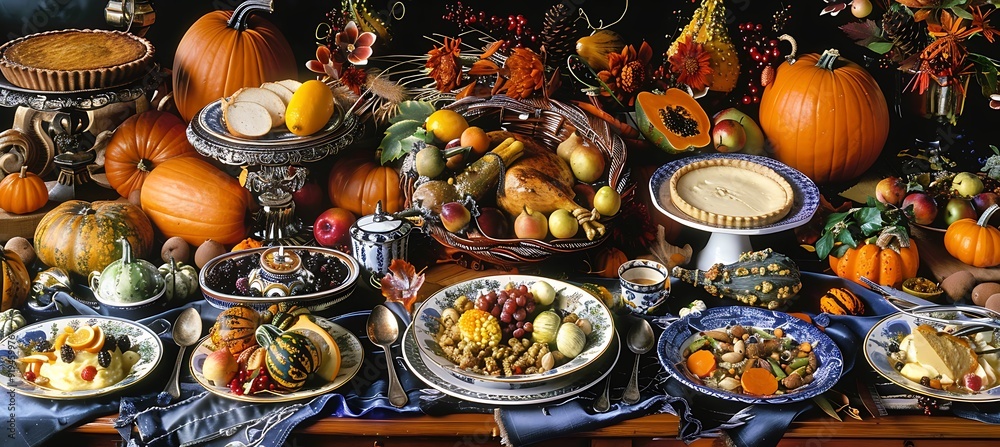 Thanksgiving table with a cornucopia centerpiece pumpkin pie and a variety of traditional dishes showcasing the harvest Thanksgiving table with a cornucopia centerpiece pumpkin pie and a variety of traditional dishes showcasing the harvest