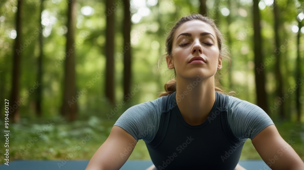 A woman is sitting in a forest, looking at the camera A woman is sitting in a forest, looking at the camera