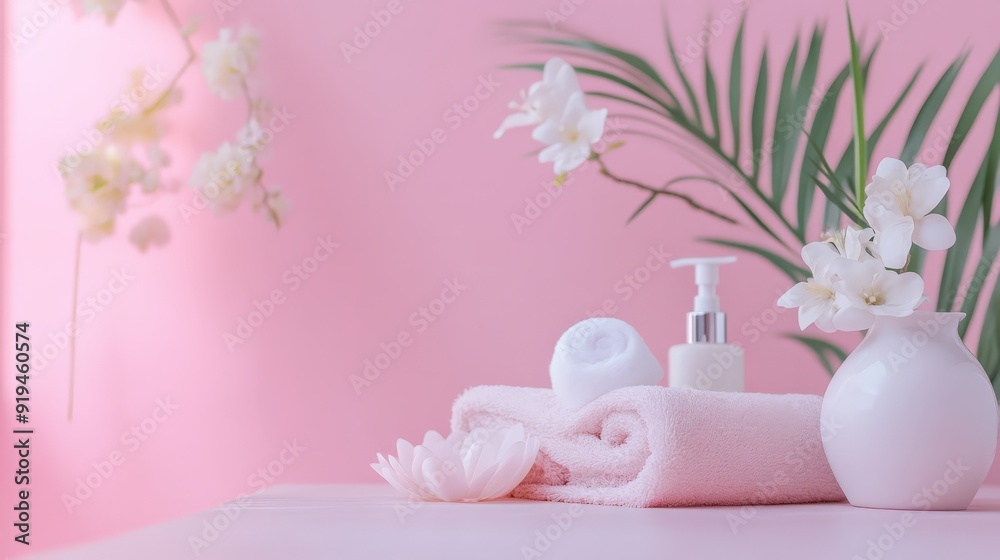 Elegant spa scene with pink towels, a soap dispenser, and white flowers, creating a relaxing and serene atmosphere. Elegant spa scene with pink towels, a soap dispenser, and white flowers, creating a relaxing and serene atmosphere.