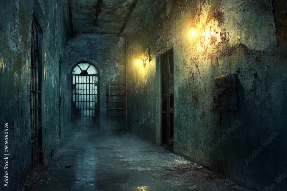 Eerie, dimly lit abandoned corridor with peeling walls and worn floors, creating a haunted and mysterious atmosphere. Eerie, dimly lit abandoned corridor with peeling walls and worn floors, creating a haunted and mysterious atmosphere.