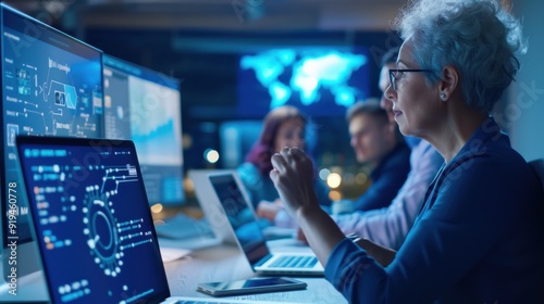 A woman is working on a computer with a group of people around her