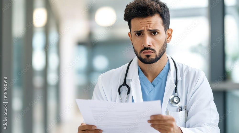 Concerned Young Doctor Reviewing Medical Documents. Concerned Young Doctor Reviewing Medical Documents.