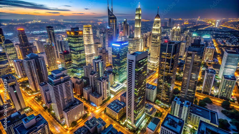 Obraz premium Aerial view of night city with skyscrapers