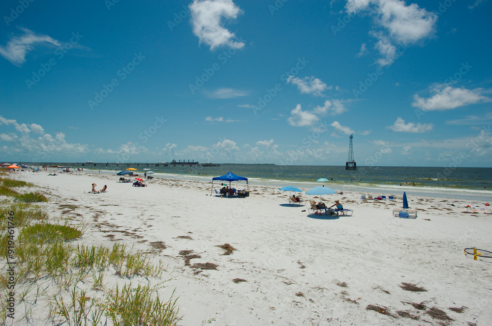 Wide-angle view of Fort DeSoto Park, Pinellas County, Florida, Looking over the sea oats and sandy beach with people, towards the Gulf of Mexico, Sunny day with blue sky and white clouds, Wide angle Wide-angle view of Fort DeSoto Park, Pinellas County, Florida, Looking over the sea oats and sandy beach with people, towards the Gulf of Mexico, Sunny day with blue sky and white clouds, Wide angle