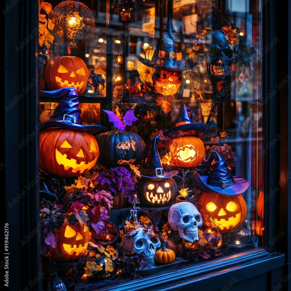 Fototapeta premium Festive Halloween window display featuring illuminated jack-o'-lanterns, witches' hats, skulls, and autumn decorations at night.