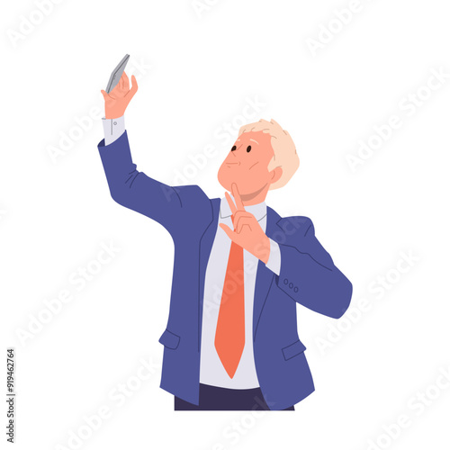 Happy excited businessman cartoon character holding smartphone taking selfie photo on mobile camera