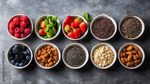 Selection of healthy food. Superfoods, various fruits and assorted berries Assortment of healthy food dishes Group of food with high content of dietary fiber arranged side by side, Generative AI