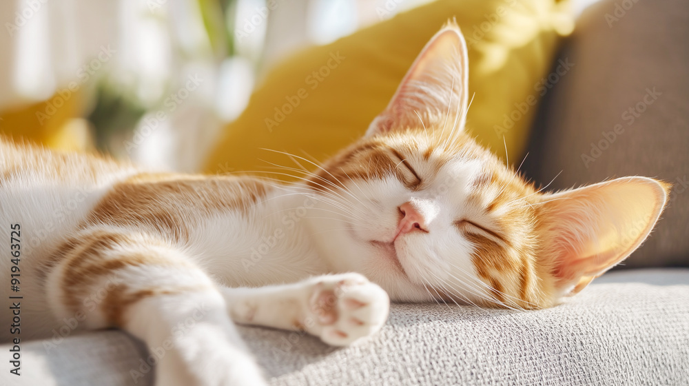A relaxed cat with orange and white fur naps comfortably on a sunlit sofa, enjoying the warmth of the afternoon light A relaxed cat with orange and white fur naps comfortably on a sunlit sofa, enjoying the warmth of the afternoon light