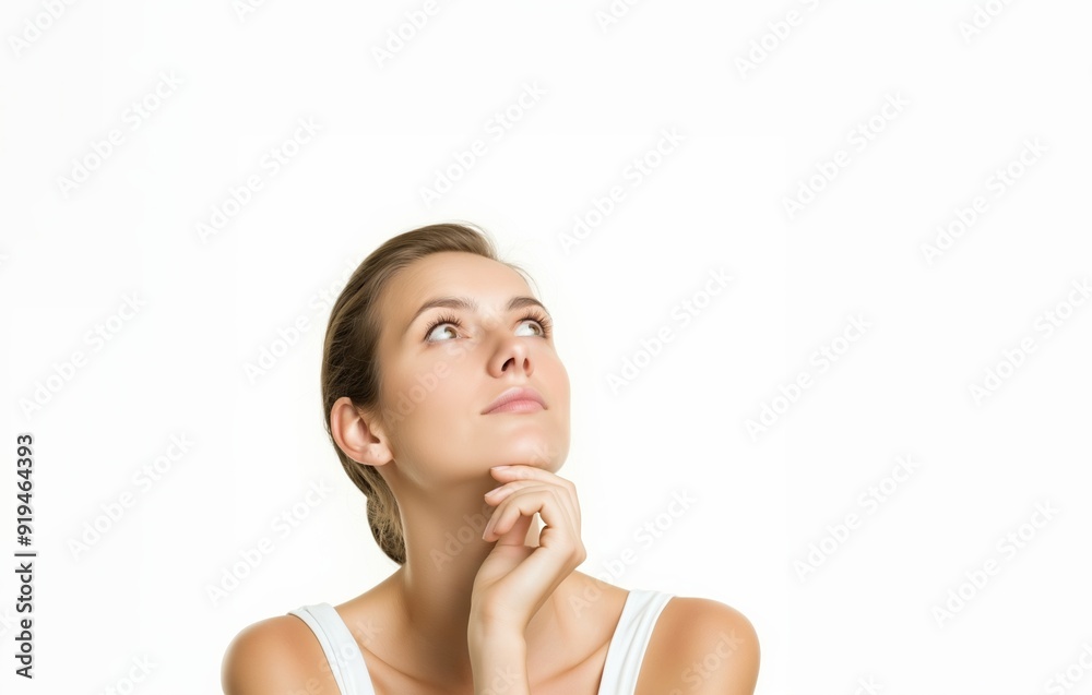 beautifull Young caucasian pensive woman thinking and touching neck, looking up standing over white background. beautifull Young caucasian pensive woman thinking and touching neck, looking up standing over white background.