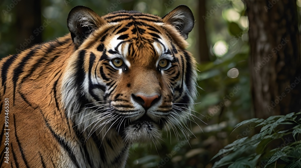 Fototapeta premium a tiger close up sideview in the forest isolated