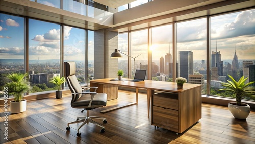 Modern minimalist office interior with sleek wooden desk, ergonomic chair, and floor-to-ceiling windows overlooking a bustling cityscape on a sunny afternoon.