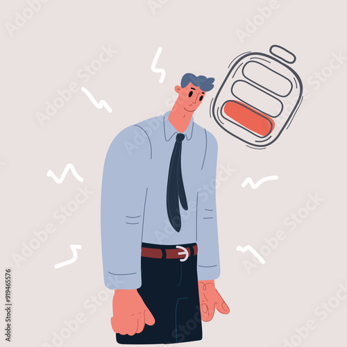 Cartoon vector illustration of Tired person with low level energy in work battery, exhausted and sleepy man