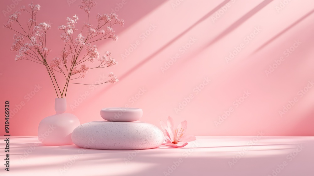 Minimalist still life with white ceramic vases and pink flowers on a pink background. Soft shadows create a serene ambiance. Minimalist still life with white ceramic vases and pink flowers on a pink background. Soft shadows create a serene ambiance.