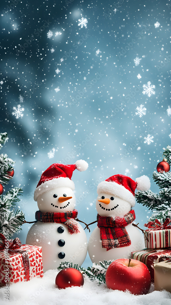 Two cheerful snowmen with Santa hats and scarves amidst snowy fir trees and presents under a snowfall, creating a festive holiday scene.