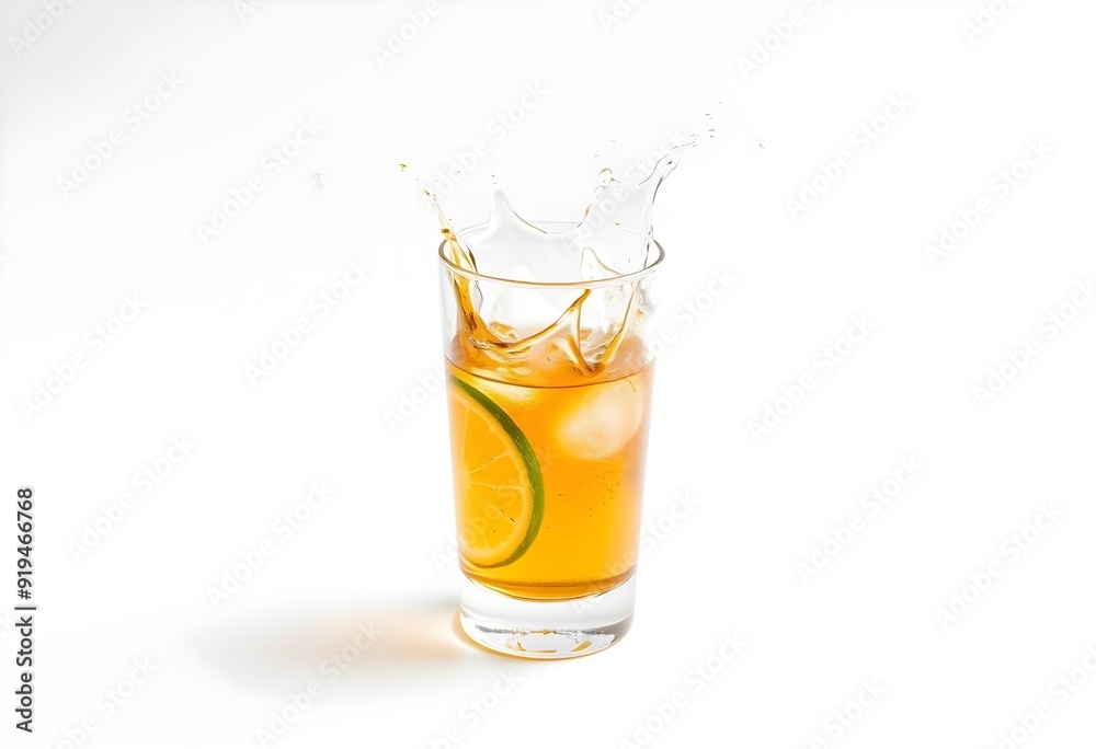 Glass shot of tequila splashing on white background Glass shot of tequila splashing on white background