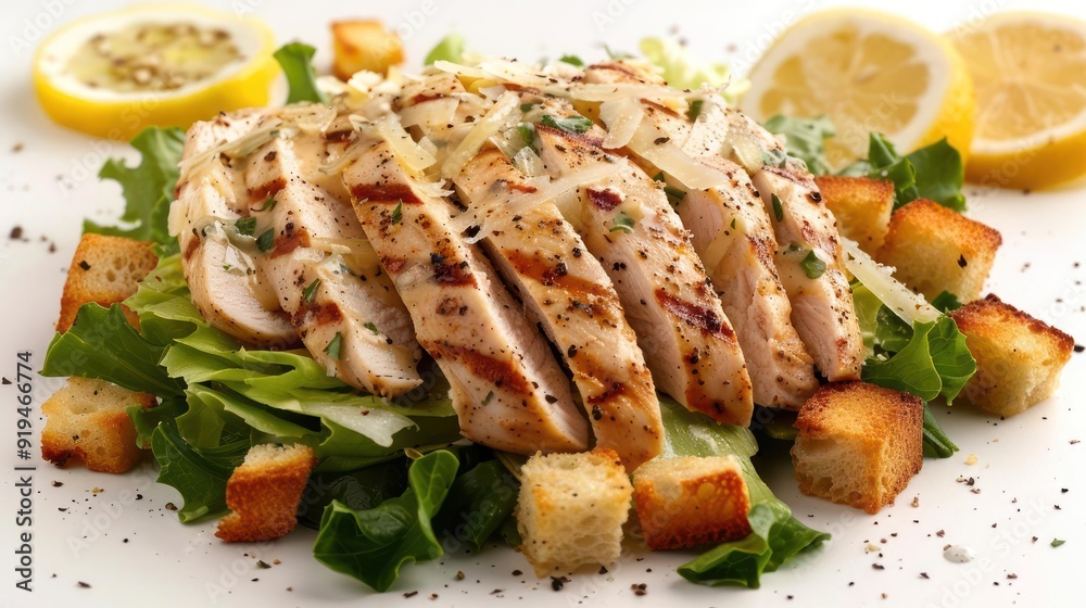a white plate topped with chicken and lettuce a white plate topped with chicken and lettuce
