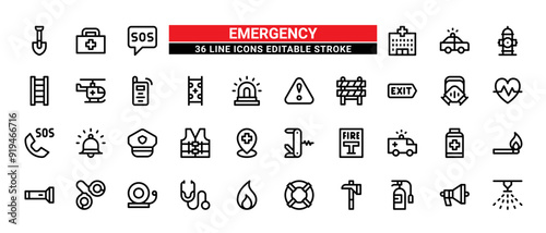 36 Emergency Line Icons Set Pack Editable Stroke Vector Illustration.