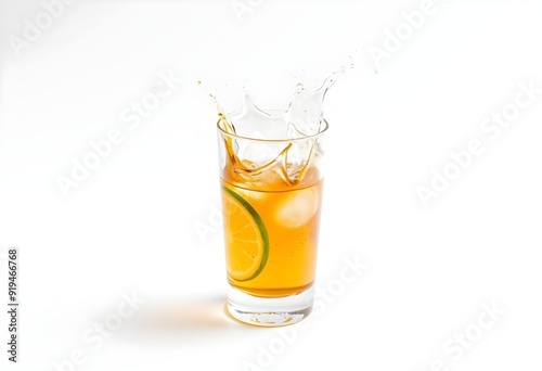 Glass shot of tequila splashing on white background