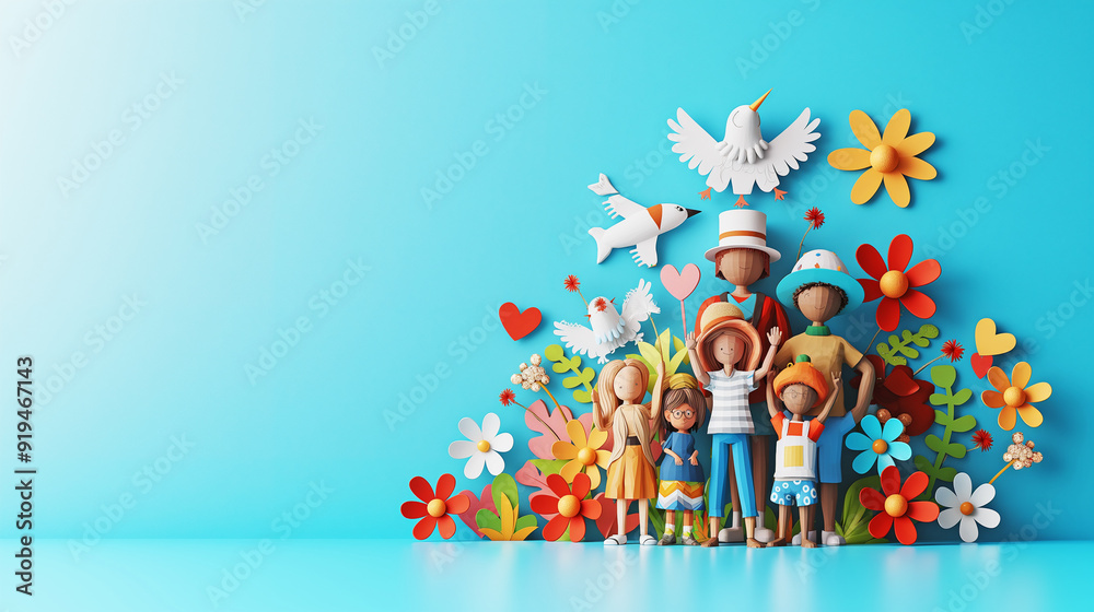 Obraz premium Family Day fater mother and childrens deccorate with flower and birds 3d render