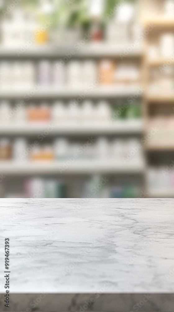 Blurred pharmacy shelves with medication bottles and packages in background, white marble counter in foreground, creating professional healthcare ambiance. Blurred pharmacy shelves with medication bottles and packages in background, white marble counter in foreground, creating professional healthcare ambiance.